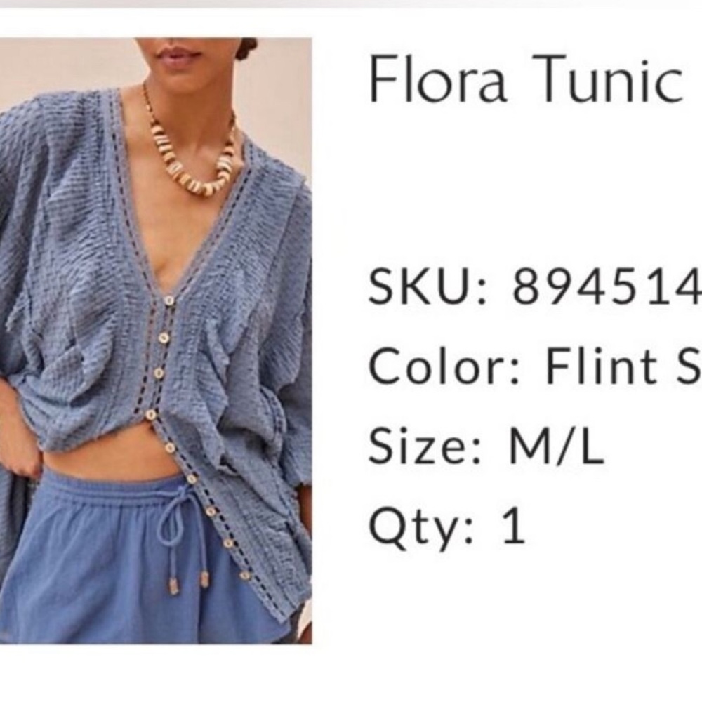Free People  FP Beach Flora Tunic Blouse in Flint Stone Blue Size M L fit XL